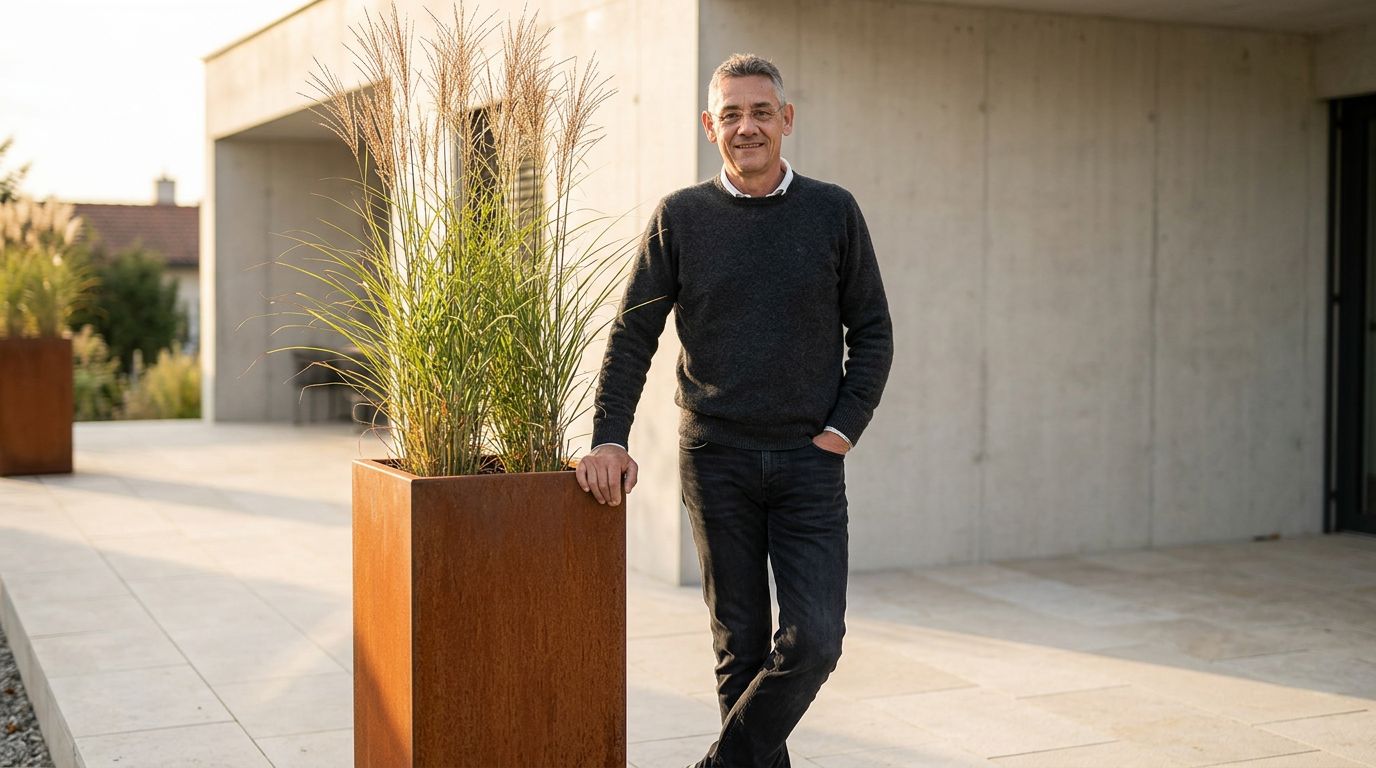 Ralph Dogondke, Inhaber der Design Fair Trade Manufaktur, an einem Cortenstahl-Pflanzkübel mit Ziergräsern auf einer modernen Terrasse