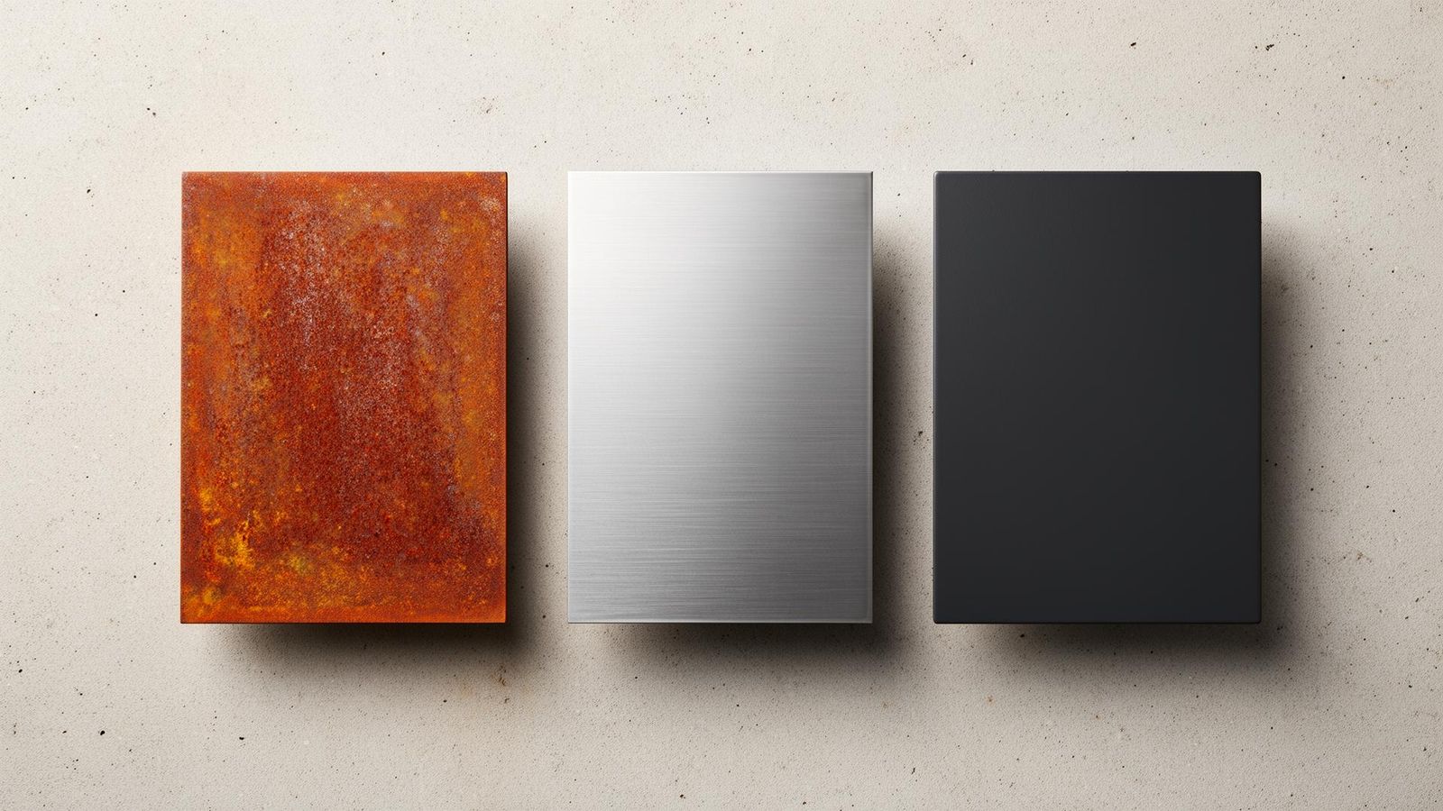 Materialmuster: Cortenstahl, Edelstahl und pulverbeschichteter Stahl