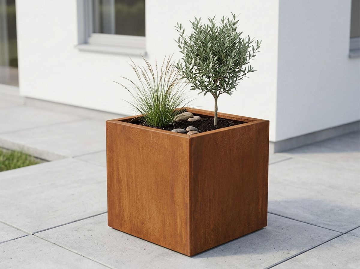 Modularer Cortenstahl-Pflanzkübel mit Ziergräsern auf moderner Terrasse